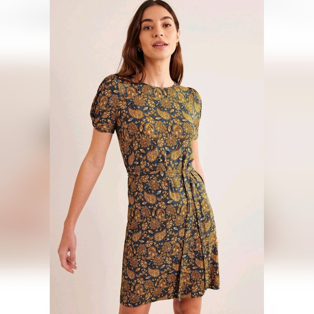 Boden Blue Mustard Yellow Paisley Belted Poof Sleeve Mini Dress Women's Size 4 - Picture 5 of 13